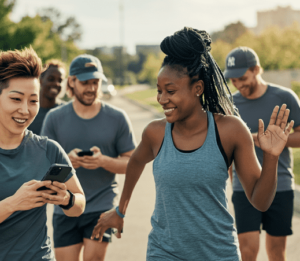 Four people in a walking group walking together